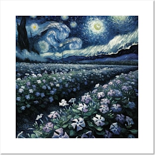 Enchanted Flower Garden Night: Periwinkle Starry Floral Posters and Art